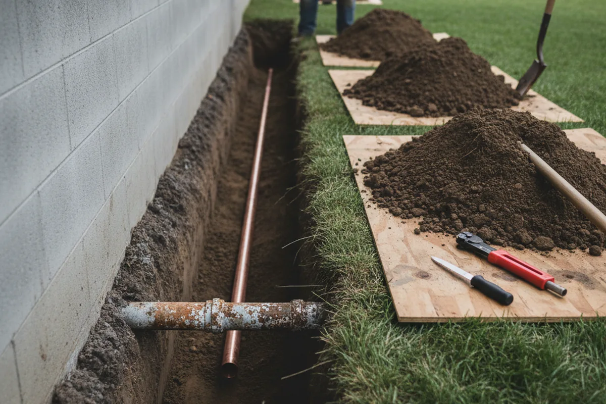 Excavated water line trench during Sewer Line Repair in Whitesboro